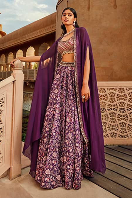 Ridhima Bhasin Purple Chiffon And Georgette Floral Pattern V Neck Print Lehenga Set With Cape Online at Aza Fashions Ridhima Bhasin_Purple Chiffon And Georgette Floral Pattern V Neck Print Lehenga Set With Cape _Online_at_Aza_Fashions