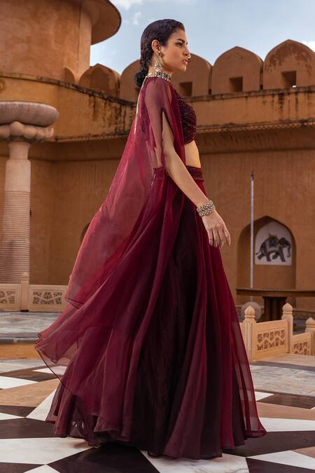 Ridhima Bhasin Maroon Organza And Georgette Sequin & Cape & Waistband Embroidered Lehenga Set Online at Aza Fashions Ridhima Bhasin_Maroon Organza And Georgette Sequin & Cape & Waistband Embroidered Lehenga Set _Online_at_Aza_Fashions