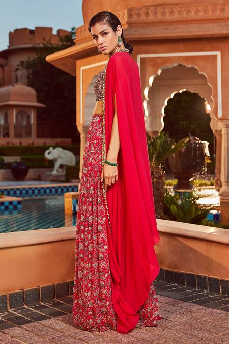 Buy Ridhima Bhasin Pink Chiffon And Georgette Floral Pattern Bralette Print Sharara Set With Cape Online at Aza Fashions Buy_Ridhima Bhasin_Pink Chiffon And Georgette Floral Pattern Bralette Print Sharara Set With Cape _Online_at_Aza_Fashions