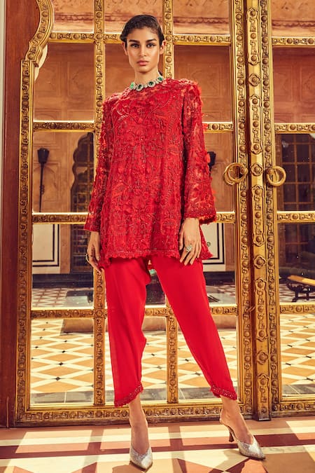 Ridhima Bhasin_Red Organza And Crepe 3d Floral Round Embellished Kurta & Harem Pant Set _Online_at_Aza_Fashions