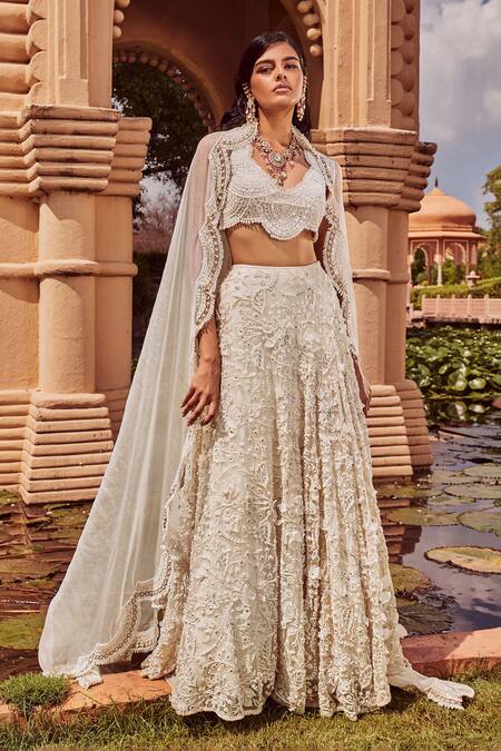 Ridhima Bhasin Ivory Organza Scallop And Floral Work V Neck Embellished Bridal Lehenga Set Online at Aza Fashions Ridhima Bhasin_Ivory Organza Scallop And Floral Work V Neck Embellished Bridal Lehenga Set _Online_at_Aza_Fashions