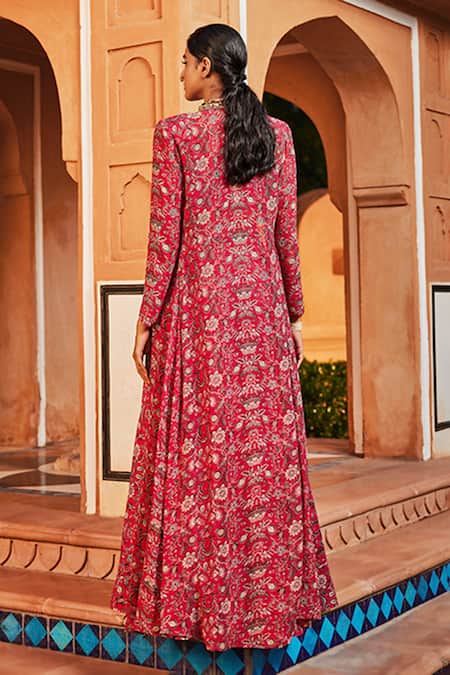 Shop_Ridhima Bhasin_Pink Georgette And Raw Silk Floral Pattern Bralette Print Lehenga Set With Jacket _at_Aza_Fashions