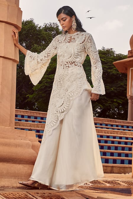 Ridhima Bhasin Ivory Organza Scallop Work Round Embroidered Kurta And Pant Set Online at Aza Fashions Ridhima Bhasin_Ivory Organza Scallop Work Round Embroidered Kurta And Pant Set _Online_at_Aza_Fashions