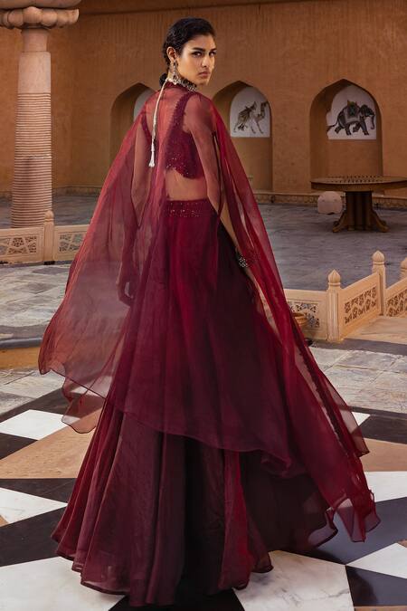 Buy Ridhima Bhasin Maroon Organza And Georgette Sequin & Cape & Waistband Embroidered Lehenga Set Online at Aza Fashions Buy_Ridhima Bhasin_Maroon Organza And Georgette Sequin & Cape & Waistband Embroidered Lehenga Set _Online_at_Aza_Fashions