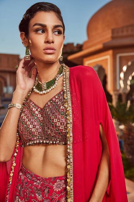 Shop Ridhima Bhasin Pink Chiffon And Georgette Floral Pattern Bralette Print Sharara Set With Cape Online at Aza Fashions Shop_Ridhima Bhasin_Pink Chiffon And Georgette Floral Pattern Bralette Print Sharara Set With Cape _Online_at_Aza_Fashions