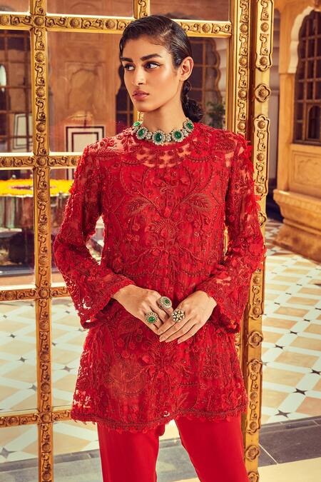 Buy_Ridhima Bhasin_Red Organza And Crepe 3d Floral Round Embellished Kurta & Harem Pant Set _Online_at_Aza_Fashions
