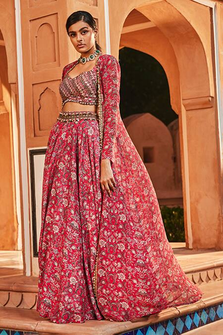 Ridhima Bhasin_Pink Georgette And Raw Silk Floral Pattern Bralette Print Lehenga Set With Jacket _Online_at_Aza_Fashions