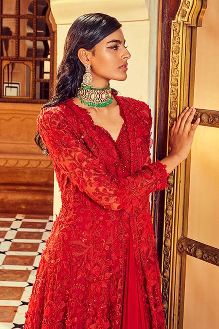 Ridhima Bhasin Red Chiffon And Organza Embellished 3d Floral V Anarkali & Jacket Set at Aza Fashions Ridhima Bhasin_Red Chiffon And Organza Embellished 3d Floral V Anarkali & Jacket Set _at_Aza_Fashions