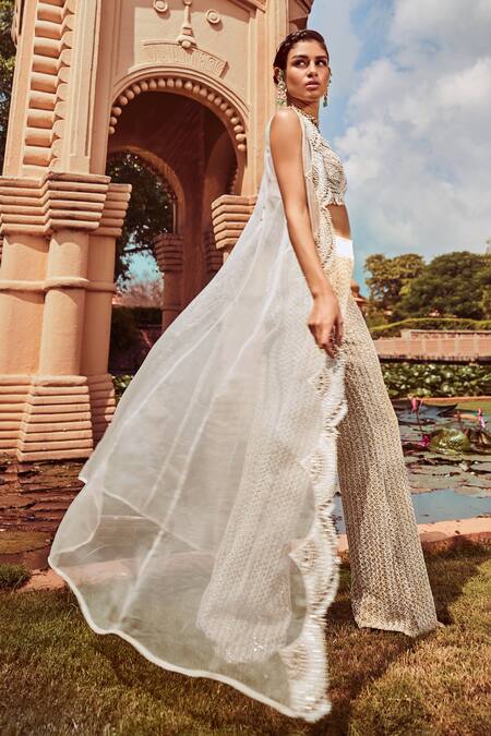Ridhima Bhasin Ivory Organza Scallop Work V Neck Embellished Pant Set With Long Jacket Online at Aza Fashions Ridhima Bhasin_Ivory Organza Scallop Work V Neck Embellished Pant Set With Long Jacket _Online_at_Aza_Fashions