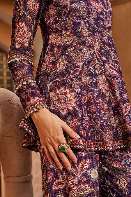 Shop Ridhima Bhasin Purple Raw Silk Floral Pattern Round Print Peplum And Sharara Set Online at Aza Fashions Shop_Ridhima Bhasin_Purple Raw Silk Floral Pattern Round Print Peplum And Sharara Set _Online_at_Aza_Fashions