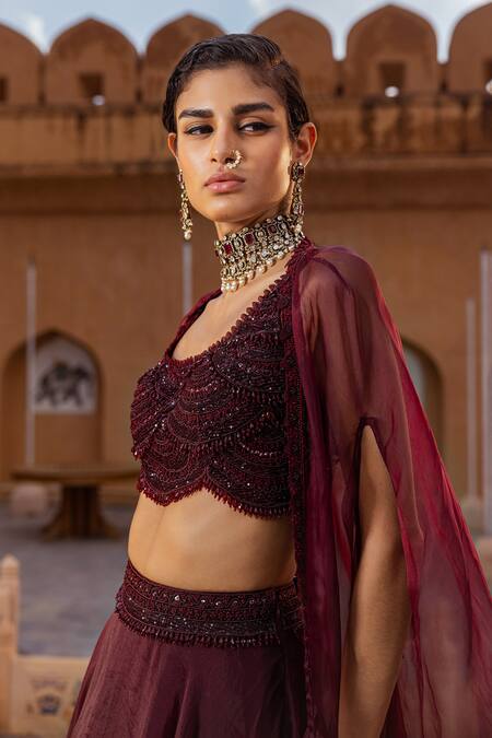 Shop Ridhima Bhasin Maroon Organza And Georgette Sequin & Cape & Waistband Embroidered Lehenga Set Online at Aza Fashions Shop_Ridhima Bhasin_Maroon Organza And Georgette Sequin & Cape & Waistband Embroidered Lehenga Set _Online_at_Aza_Fashions