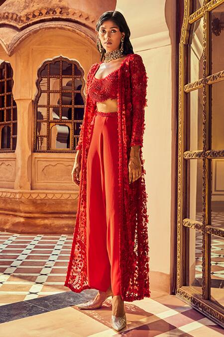 Shop_Ridhima Bhasin_Red Organza And Crepe 3d Floral Scoop Neck Embellished Jacket With Cowl Pant Set _Online_at_Aza_Fashions