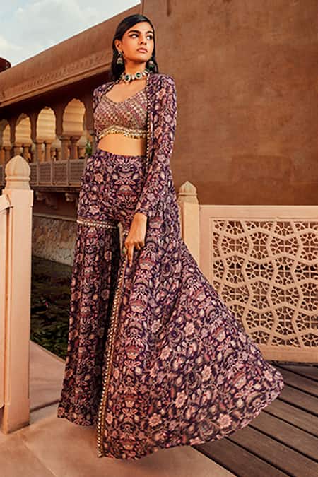 Ridhima Bhasin Purple Georgette Floral Pattern V Neck Print Sharara Set With Cape Online at Aza Fashions Ridhima Bhasin_Purple Georgette Floral Pattern V Neck Print Sharara Set With Cape _Online_at_Aza_Fashions