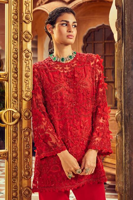 Shop_Ridhima Bhasin_Red Organza And Crepe 3d Floral Round Embellished Kurta & Harem Pant Set _Online_at_Aza_Fashions