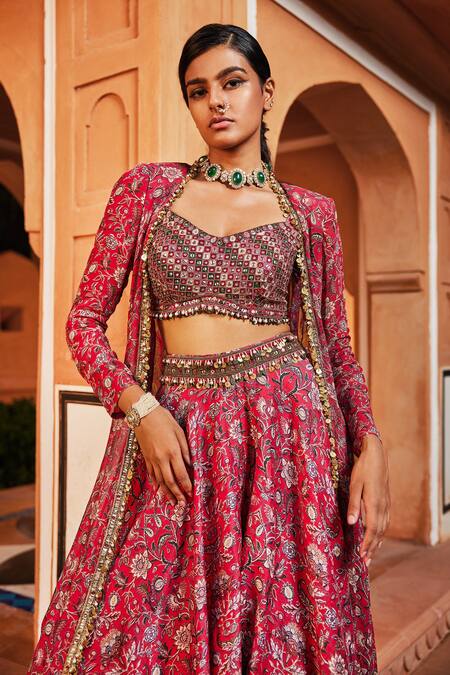 Buy_Ridhima Bhasin_Pink Georgette And Raw Silk Floral Pattern Bralette Print Lehenga Set With Jacket _Online_at_Aza_Fashions