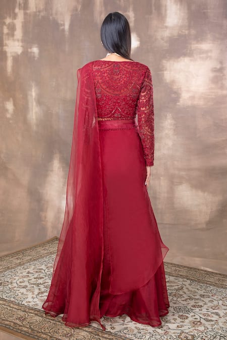 Shop Ridhima Bhasin Red Tulle Pants Organza V Neck Embroidered Blouse And Sharara Set at Aza Fashions Shop_Ridhima Bhasin_Red Tulle Pants Organza V Neck Embroidered Blouse And Sharara Set _at_Aza_Fashions