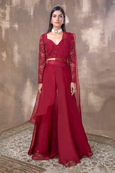 Ridhima Bhasin Red Tulle Pants Organza V Neck Embroidered Blouse And Sharara Set Online at Aza Fashions Ridhima Bhasin_Red Tulle Pants Organza V Neck Embroidered Blouse And Sharara Set _Online_at_Aza_Fashions