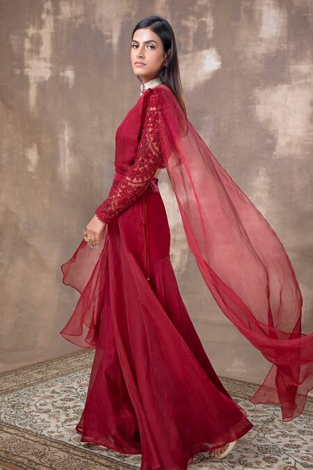 Buy Ridhima Bhasin Red Tulle Pants Organza V Neck Embroidered Blouse And Sharara Set Online at Aza Fashions Buy_Ridhima Bhasin_Red Tulle Pants Organza V Neck Embroidered Blouse And Sharara Set _Online_at_Aza_Fashions