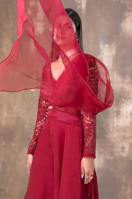 Shop Ridhima Bhasin Red Tulle Pants Organza V Neck Embroidered Blouse And Sharara Set Online at Aza Fashions Shop_Ridhima Bhasin_Red Tulle Pants Organza V Neck Embroidered Blouse And Sharara Set _Online_at_Aza_Fashions