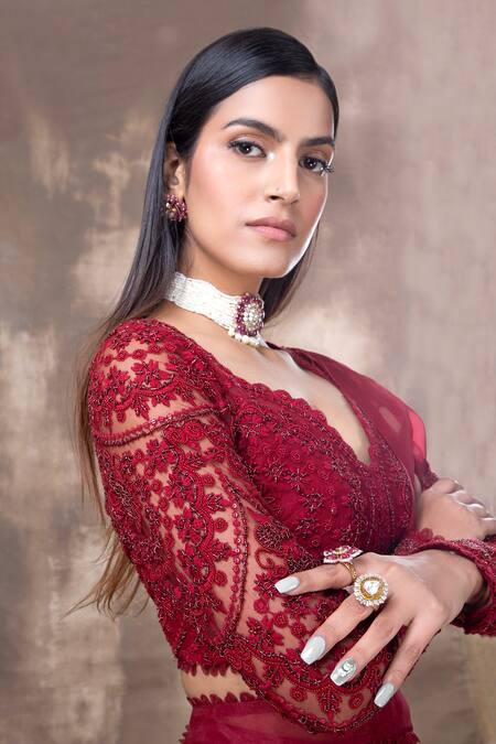 Ridhima Bhasin Red Tulle Pants Organza V Neck Embroidered Blouse And Sharara Set at Aza Fashions Ridhima Bhasin_Red Tulle Pants Organza V Neck Embroidered Blouse And Sharara Set _at_Aza_Fashions