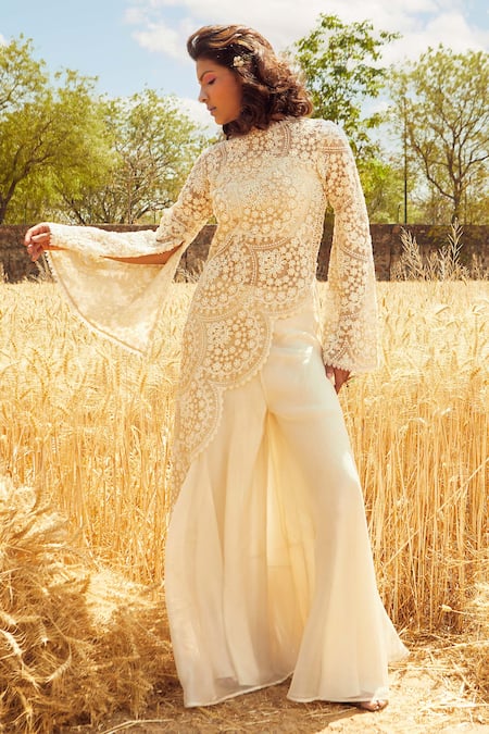 Ridhima Bhasin White Organza, Tulle Round Asymmetric Kurta And Pant Set