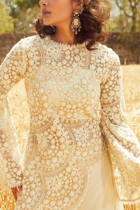 Shop Ridhima Bhasin White Organza, Tulle Round Asymmetric Kurta And Pant Set Online at Aza Fashions Shop_Ridhima Bhasin_White Organza, Tulle Round Asymmetric Kurta And Pant Set _Online_at_Aza_Fashions