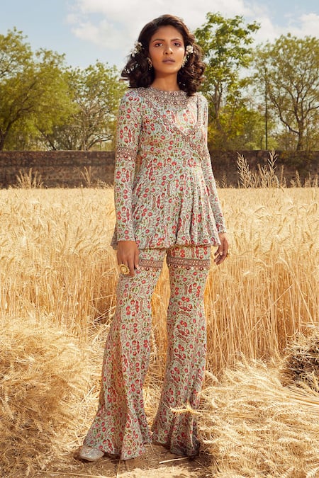 Ridhima Bhasin Green Cotton Round Printed Peplum Tunic And Pant Set