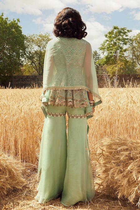 Shop Ridhima Bhasin Green Organza V Neck Peplum Tunic Sharara Set at Aza Fashions Shop_Ridhima Bhasin_Green Organza V Neck Peplum Tunic Sharara Set _at_Aza_Fashions