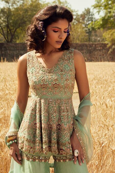 Buy Ridhima Bhasin Green Organza V Neck Peplum Tunic Sharara Set Online at Aza Fashions Buy_Ridhima Bhasin_Green Organza V Neck Peplum Tunic Sharara Set _Online_at_Aza_Fashions