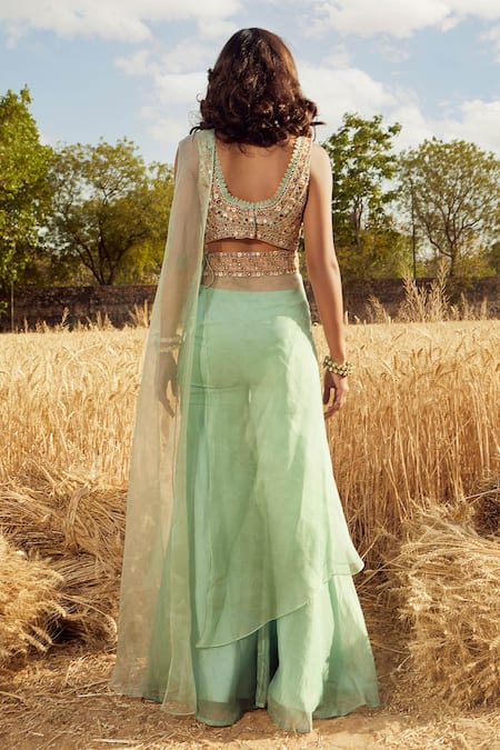 Ridhima Bhasin Green Organza U Neck Sharara Pant Saree Set Online at Aza Fashions Ridhima Bhasin_Green Organza U Neck Sharara Pant Saree Set _Online_at_Aza_Fashions