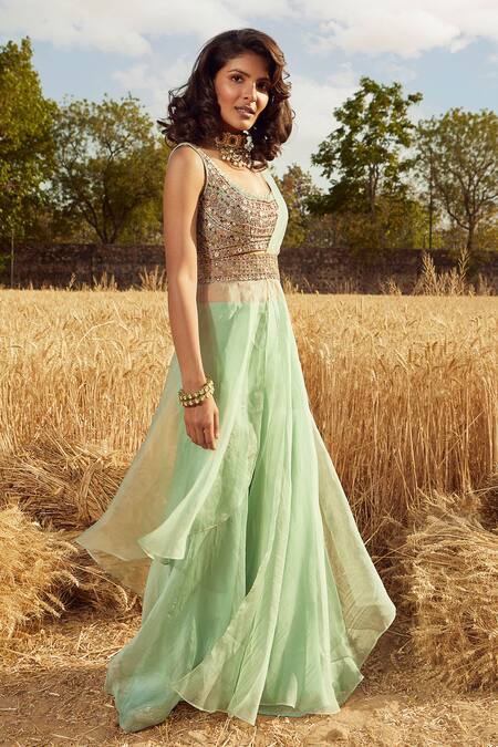 Buy Ridhima Bhasin Green Organza U Neck Sharara Pant Saree Set Online at Aza Fashions Buy_Ridhima Bhasin_Green Organza U Neck Sharara Pant Saree Set _Online_at_Aza_Fashions