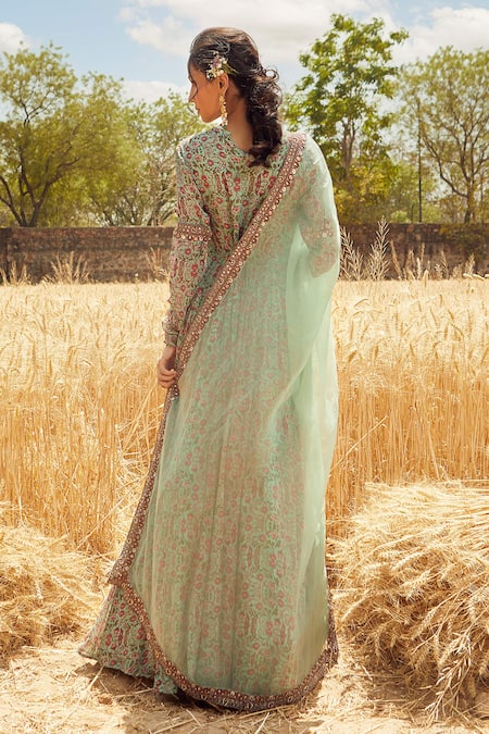 Shop Ridhima Bhasin Green Organza, Georgette Round Floral Print Anarkali With Dupatta at Aza Fashions Shop_Ridhima Bhasin_Green Organza, Georgette Round Floral Print Anarkali With Dupatta _at_Aza_Fashions