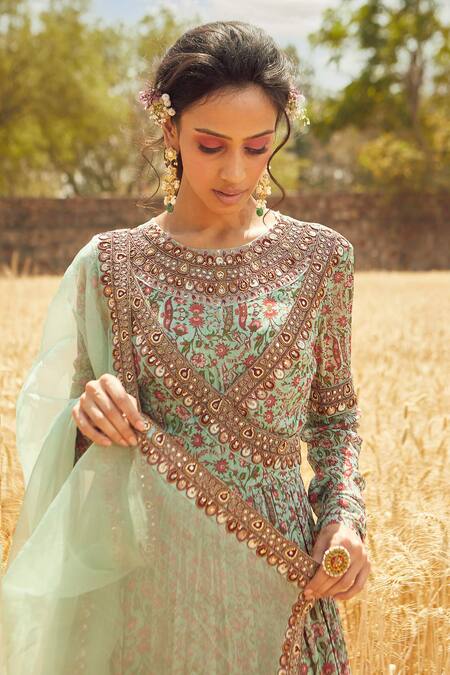 Ridhima Bhasin Green Organza, Georgette Round Floral Print Anarkali With Dupatta Online at Aza Fashions Ridhima Bhasin_Green Organza, Georgette Round Floral Print Anarkali With Dupatta _Online_at_Aza_Fashions