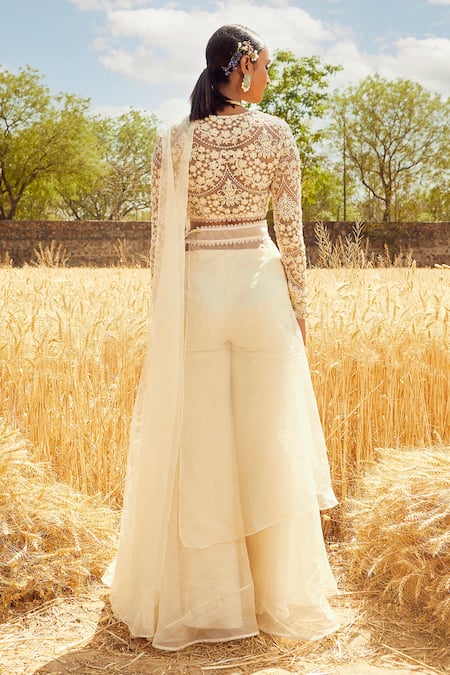 Ridhima Bhasin_White Organza V Neck Sharara Pant Saree Set  _Online_at_Aza_Fashions