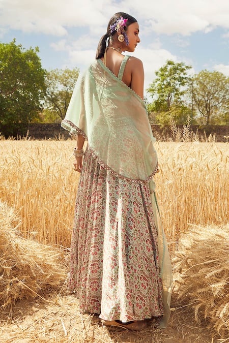 Shop Ridhima Bhasin Green Organza, Satin V Neck Floral Print Lehenga Set at Aza Fashions Shop_Ridhima Bhasin_Green Organza, Satin V Neck Floral Print Lehenga Set _at_Aza_Fashions