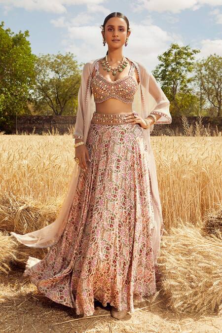 Ridhima Bhasin Grey Organza, Satin V Neck Floral Print Lehenga Set Online at Aza Fashions Ridhima Bhasin_Grey Organza, Satin V Neck Floral Print Lehenga Set _Online_at_Aza_Fashions