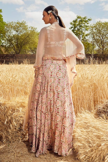 Shop Ridhima Bhasin Grey Organza, Satin V Neck Floral Print Lehenga Set at Aza Fashions Shop_Ridhima Bhasin_Grey Organza, Satin V Neck Floral Print Lehenga Set _at_Aza_Fashions