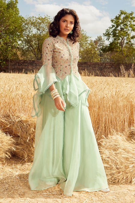 Buy Ridhima Bhasin Green Organza Peplum Tunic Sharara Set Online  Aza  Fashions