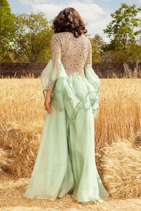 Shop Ridhima Bhasin Green Organza, Tulle Round Asymmetric Tunic And Sharara Pant Set at Aza Fashions Shop_Ridhima Bhasin_Green Organza, Tulle Round Asymmetric Tunic And Sharara Pant Set _at_Aza_Fashions