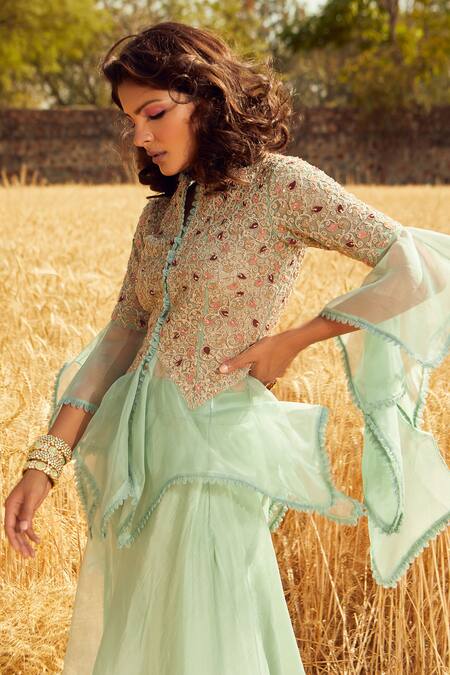 Buy Ridhima Bhasin Green Organza, Tulle Round Asymmetric Tunic And Sharara Pant Set Online at Aza Fashions Buy_Ridhima Bhasin_Green Organza, Tulle Round Asymmetric Tunic And Sharara Pant Set _Online_at_Aza_Fashions