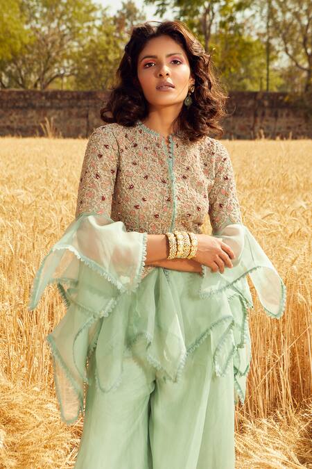 Shop Ridhima Bhasin Green Organza, Tulle Round Asymmetric Tunic And Sharara Pant Set Online at Aza Fashions Shop_Ridhima Bhasin_Green Organza, Tulle Round Asymmetric Tunic And Sharara Pant Set _Online_at_Aza_Fashions