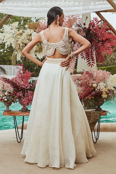 Shop Ridhima Bhasin White Organza Embroidery Pearl And Beads Scoop Neck Lehenga Set at Aza Fashions Shop_Ridhima Bhasin_White Organza Embroidery Pearl And Beads Scoop Neck Lehenga Set _at_Aza_Fashions