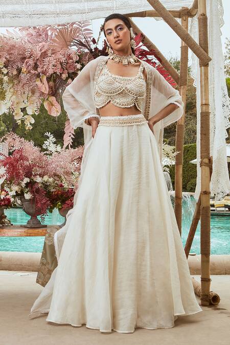 Ridhima Bhasin White Organza Embroidery Pearl And Beads Scoop Neck Lehenga Set Online at Aza Fashions Ridhima Bhasin_White Organza Embroidery Pearl And Beads Scoop Neck Lehenga Set _Online_at_Aza_Fashions