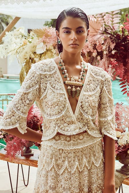 Buy_Ridhima Bhasin_White Tulle And Crepe Pearl & Beads V Neck Embroidered Overlay Lehenga Set _Online_at_Aza_Fashions