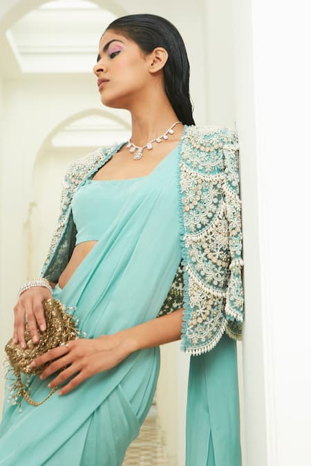 Ridhima Bhasin_Blue Chiffon Embroidered Pearl Work Bolero Jacket Pre-draped Saree Set  _Online_at_Aza_Fashions