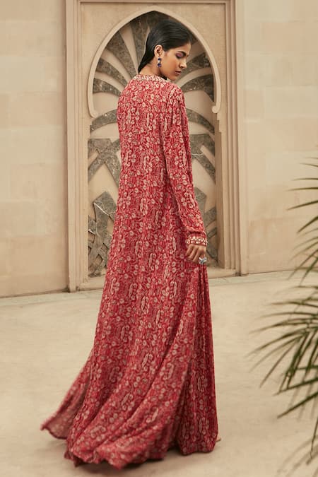 Ridhima Bhasin Red Georgette Hand Embroidered Mirror Floral Print Jacket Sharara Set Online at Aza Fashions Ridhima Bhasin_Red Georgette Hand Embroidered Mirror Floral Print Jacket Sharara Set _Online_at_Aza_Fashions