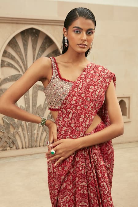 Ridhima Bhasin_Red Chiffon Embroidered Floral Print Pre-draped Saree With Blouse  _Online_at_Aza_Fashions