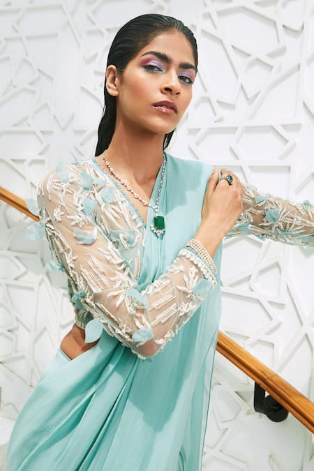 Ridhima Bhasin_Blue Chiffon Embroidered Pearl Work V Neck Blouse And Pre-draped Saree  _Online_at_Aza_Fashions