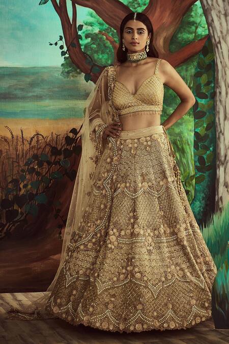 Angad Singh Gold Dupatta Net, Lehenga And Blouse Organza Embroidered Trail Bridal Set Online at Aza Fashions Angad Singh_Gold Dupatta Net, Lehenga And Blouse Organza Embroidered Trail Bridal Set _Online_at_Aza_Fashions