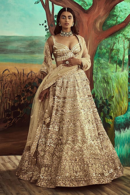 Angad Singh Gold Net Glass Beads, Gota, Sequins, Metallic Embroidered Bridal Lehenga Set 